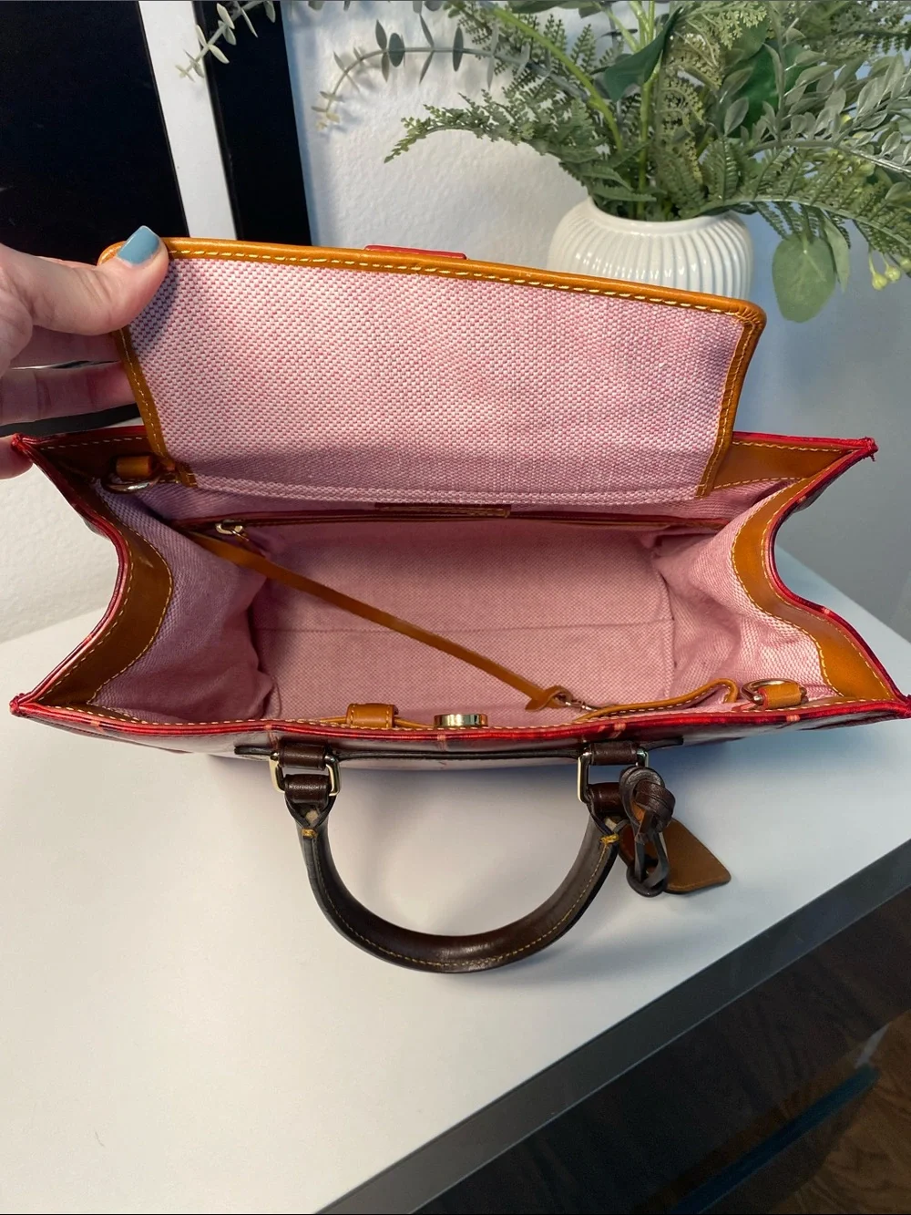 Dooney & Bourke Red Croc-Embossed Leather Satchel with Brown Trim